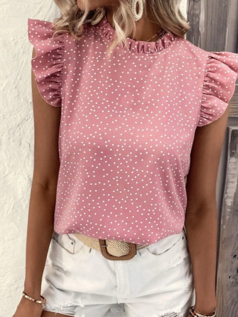 Women’s Pink Polka Dot Ruffle Sleeve Top